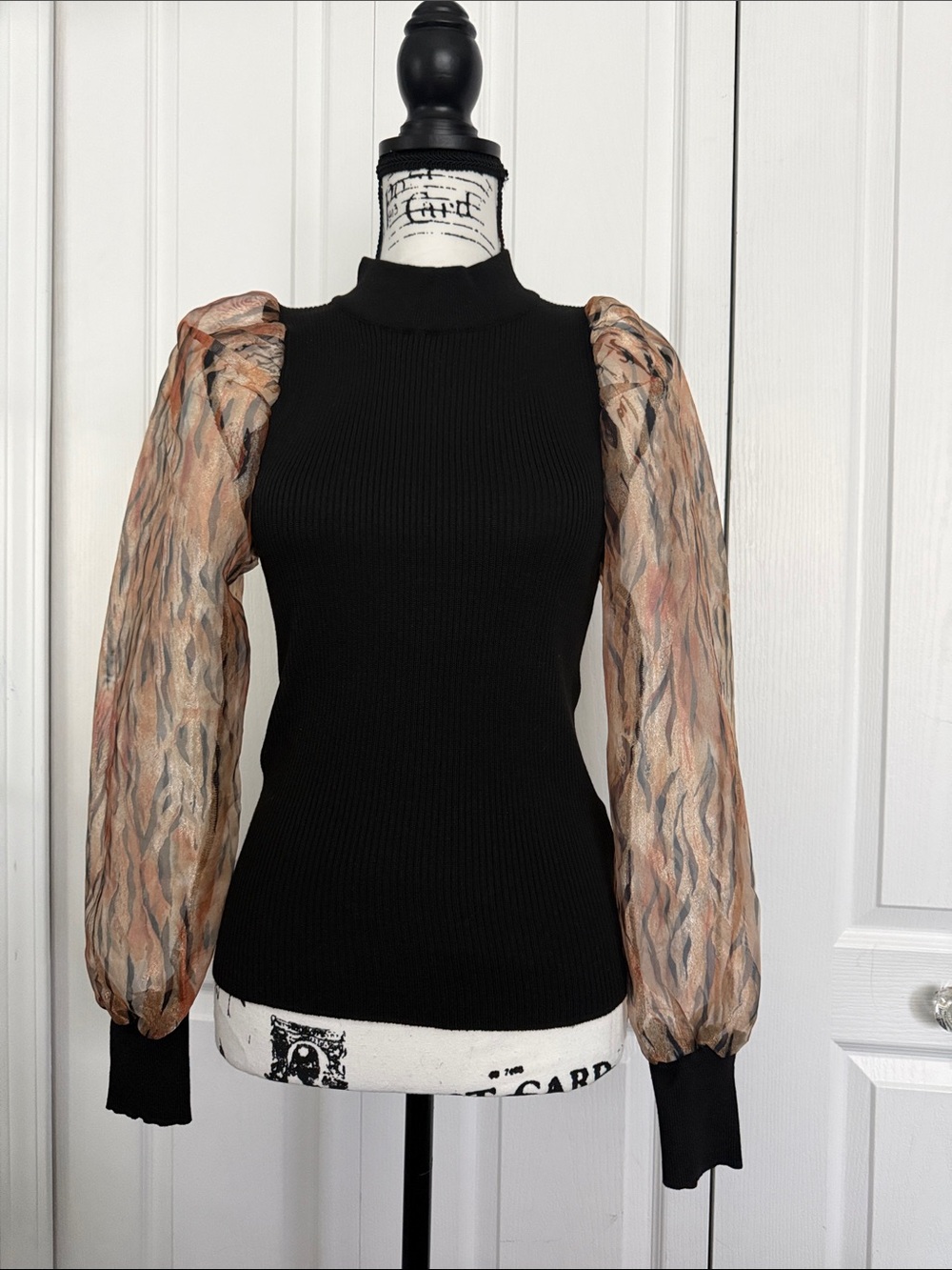 New Look Black Ribbed Top with Sheer Patterned Puff Sleeves
